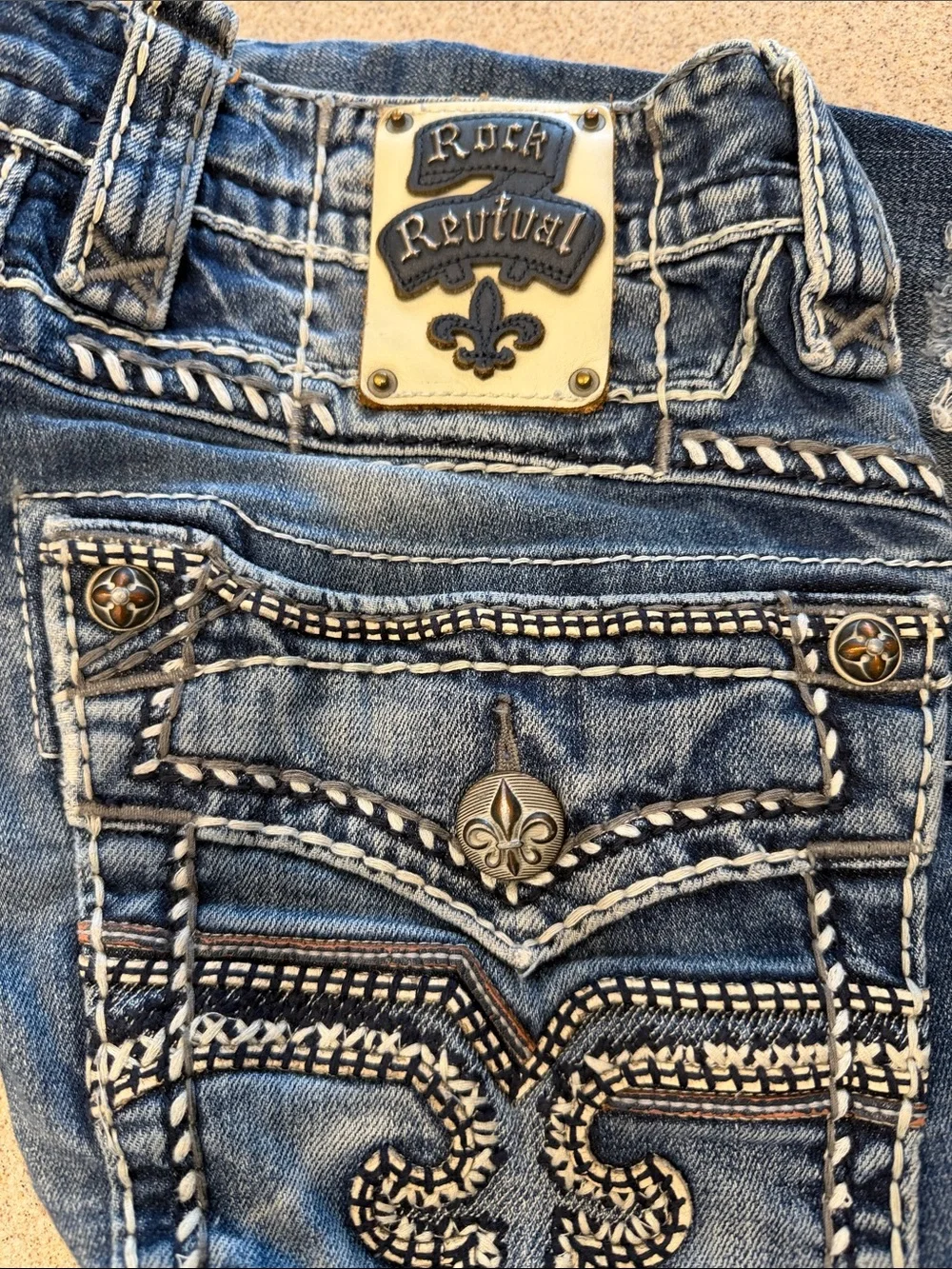 Rock Revival RhaysBlue Distressed Embellished Pocket Jeans 30X32